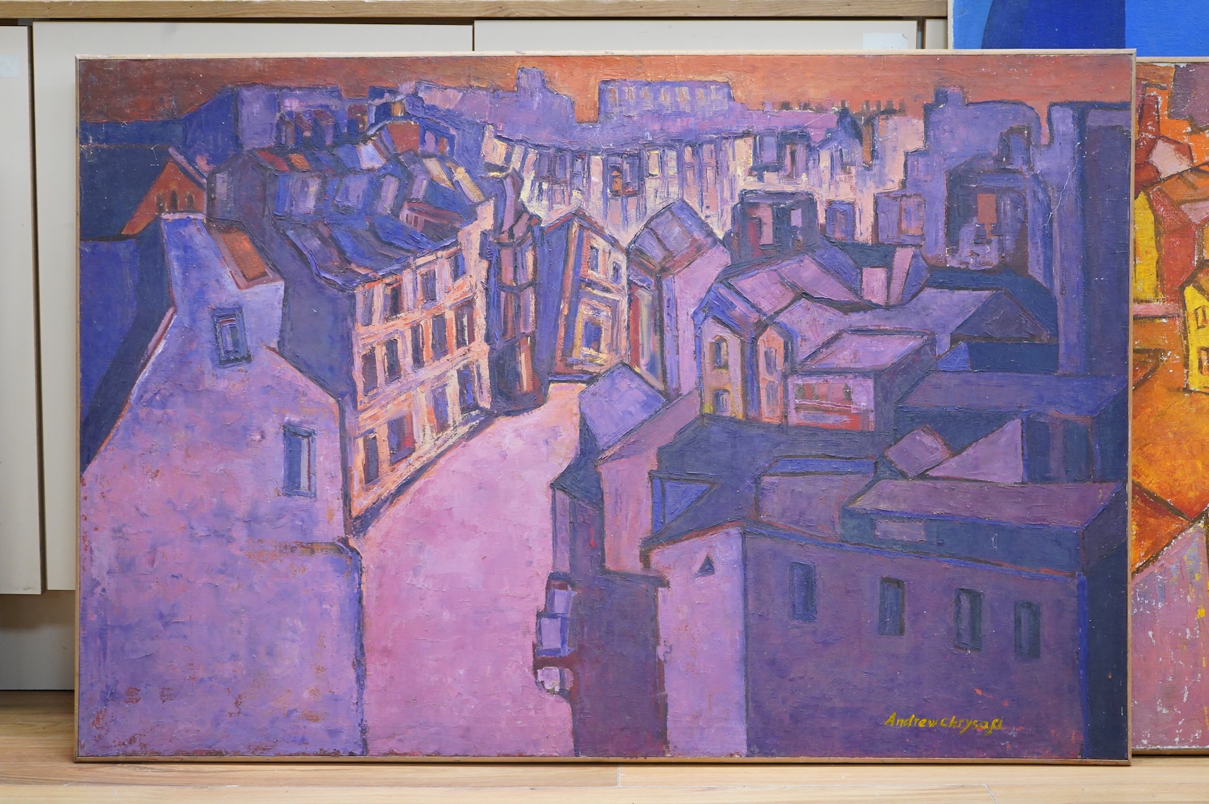 Andrew Chrysafi (b.1938), ‘Petticoat lane’, signed, mid century oil on canvas, 78 x 115cm